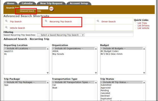 Recurring Trip Search